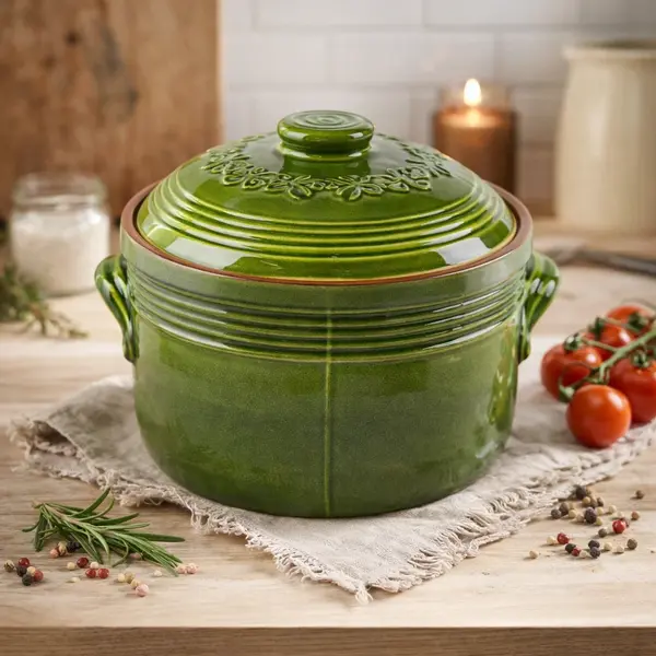 Oala Ceramica pentru Sarmale si Fripturi, Glazurata, Rotunda, 7 Litri Verde
