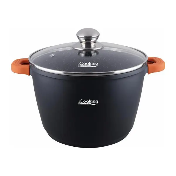 Oala Cooking by Heinner Dark Line, Diametru 24 cm, Volum 6.3 l, Aluminiu turnat, Capac