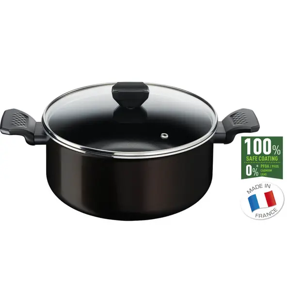Oala cu capac Tefal Simply Clean B5674653, 4.5 L, 24 cm, invelis antiaderent 100% sigur, Thermo-Signal™, baza Diffusion+, aluminiu, negru
