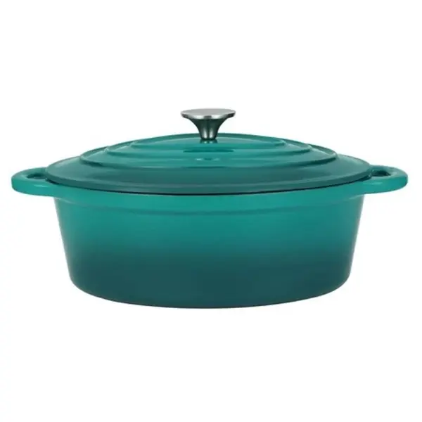 Oala din Fonta Emailata, 28.5 cm, 6 l, cu Capac, Turcoaz, Perfect Home