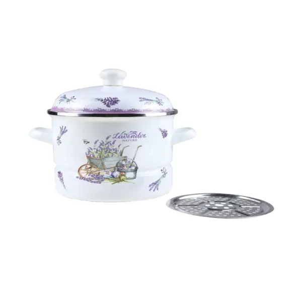 Oala Emailata cu Capac si Sita Metalica, 24 cm, 5 l, Alb / Mov, Grunberg, Model GR2462B