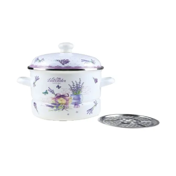 Oala Emailata cu Capac si Sita Metalica, 24 cm, 5 l, Alb / Mov, Grunberg, Model GR2462A