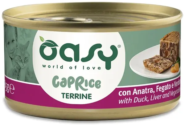 OASY CAPRICE Conservă pentru pisici, Terină cu Raţă şi Legume 85g