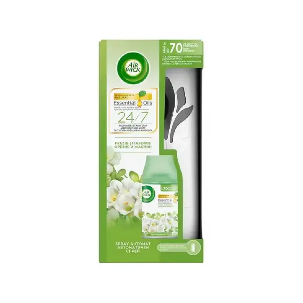 Odorizant spray cu aparat Air Wick frezie si iasomie 250 ml Odorizant camera Air Wick plus rezerva frezie si iasomie 250 ml