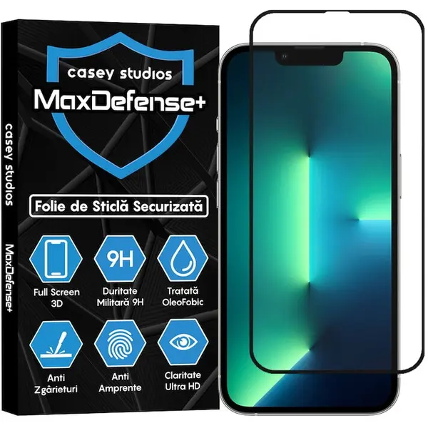 OEM Folie Sticla CASEY STUDIOS™ pentru Apple iPhone 13 / 13 Pro, Full Glue, Sticla Securizata, Duritate Militara, Ultra HD, Protectie Profesionala Ecran 3D, Anti Zgarieturi, Anti Socuri, Margini Negre
