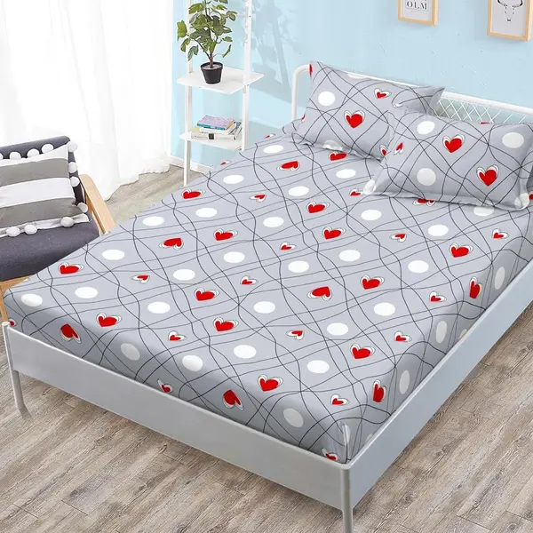 (OFERTA 3 la 159 Lei) Cearsaf cu elastic, FINET, 180x200cm, 2 fete de perne 50x70cm, Gri, inimioare