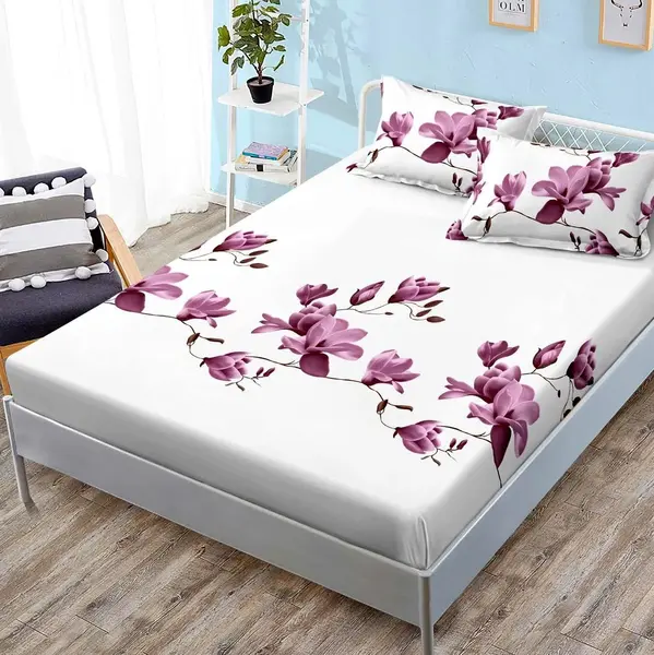 (OFERTA 3 la 159 Lei) Cearsaf cu elastic, FINET, 180x200cm, 2 fete de perne 50x70cm, Roz, magnolii