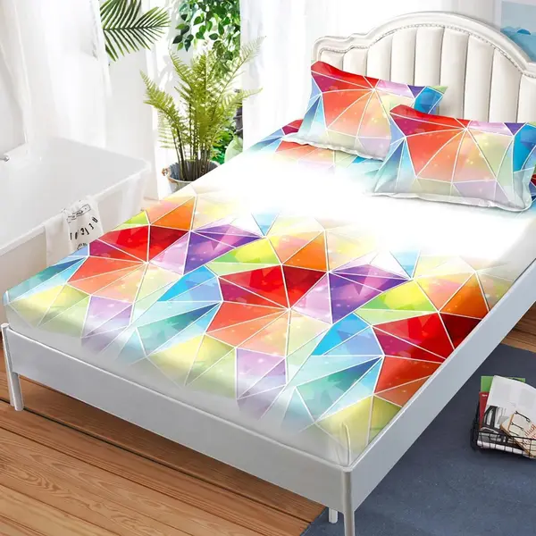 (OFERTA 3 la 159 Lei) Cearsaf cu elastic, FINET, 180x200cm, 2 fete de perne 50x70cm, Rosu, forme geometrice