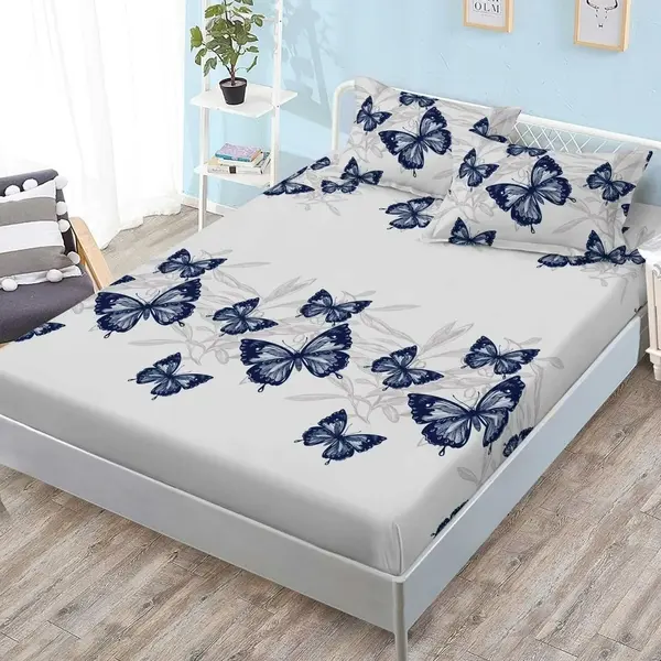 (OFERTA 3 la 159 Lei) Cearsaf cu elastic, FINET, 180x200cm, 2 fete de perne 50x70cm, Gri, Albastru, Fluturi