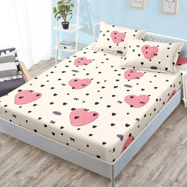 (OFERTA 3 la 159 Lei) Cearsaf cu elastic, FINET, 180x200cm, 2 fete de perne 50x70cm, Crem, Roz, Inimioare
