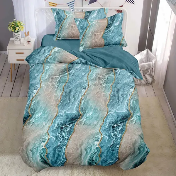 (OFERTA TRIO) Lenjerie pat 1 PERSOANA, FINET, 4 piese, cu ELASTIC, Albastru, Gri, valuri, abstract