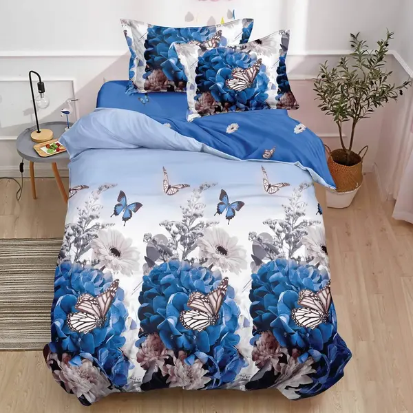 (OFERTA TRIO) Lenjerie pat 1 PERSOANA, FINET, 4 piese, cu ELASTIC, Albastru, fluturi, flori