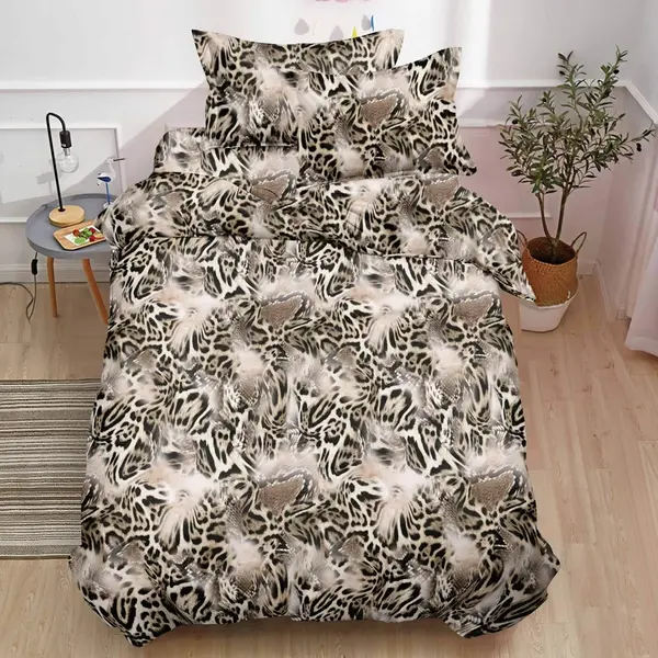 (OFERTA TRIO) Lenjerie pat 1 PERSOANA, FINET, 4 piese, cu ELASTIC, Bej, abstract, animal print