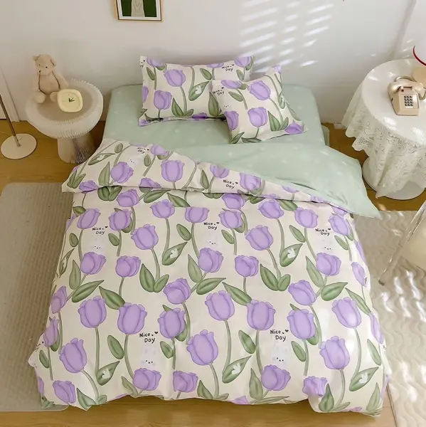 (OFERTA TRIO) Lenjerie pat 1 PERSOANA, FINET, 4 piese, cu ELASTIC, Verde-Lila, lalele, iepurasi