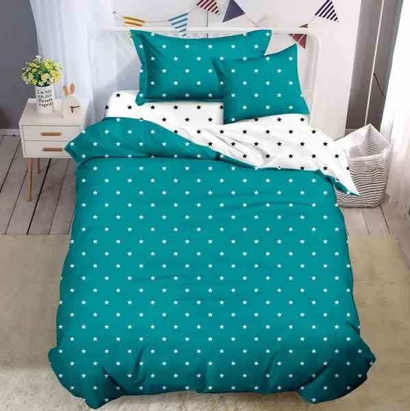 (OFERTA TRIO) Lenjerie pat 1 PERSOANA, FINET, 4 piese, cu ELASTIC, Turquoise, buline