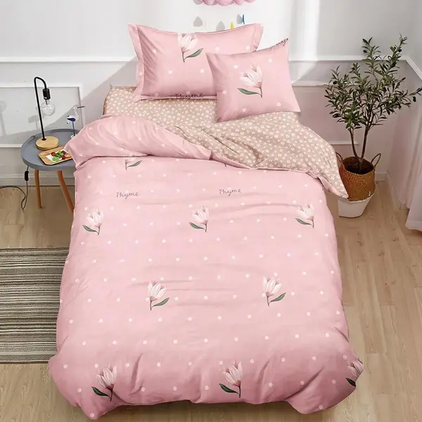 (OFERTA TRIO) Lenjerie pat 1 PERSOANA, FINET, 4 piese, cu ELASTIC, Roz, magnolii