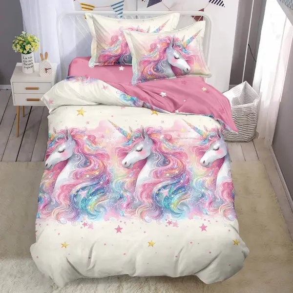 (OFERTA TRIO) Lenjerie pat 1 PERSOANA, FINET, 4 piese, cu ELASTIC, Alb, Roz, unicorni fantasy