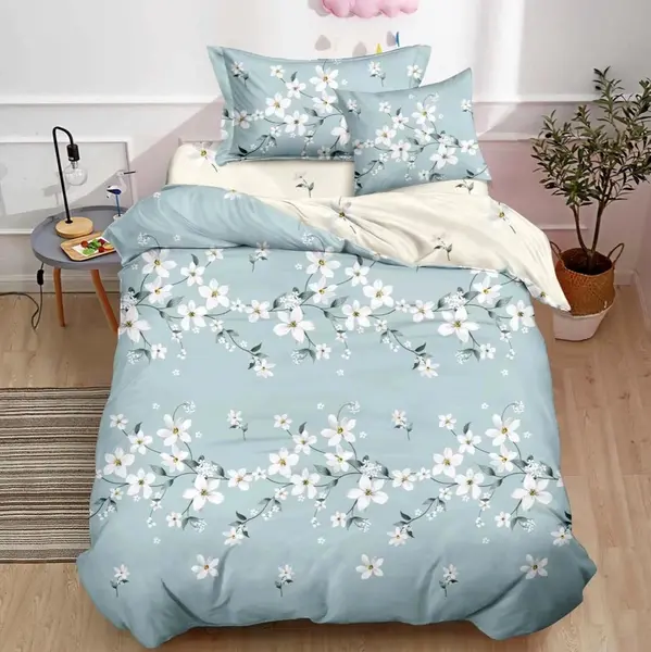(OFERTA TRIO) Lenjerie pat 1 PERSOANA, FINET, 4 piese, cu ELASTIC, Bleu, flori