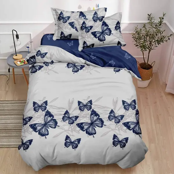 (OFERTA TRIO) Lenjerie pat 1 PERSOANA, FINET, 4 piese, cu ELASTIC, Albastru, fluturi