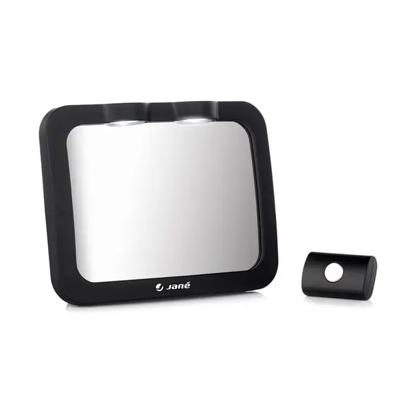 Oglinda auto, Jane, Pentru masina, Cu iluminare LED, Include telecomanda pentru pornire si oprire usoara, Din sticla rezistenta la spargere, 28 x 7 x 20 cm, Black