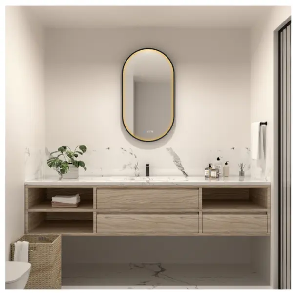 Oglinda baie 50x90 cm, dezaburire, ceas si iluminare perimetrala cu difuzor acrilic, rama neagra, Fluminia Canaria