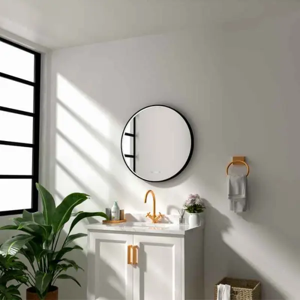 Oglinda baie 70 cm cu dezaburire, ceas si iluminare perimetrala, rama neagra, Fluminia Aster