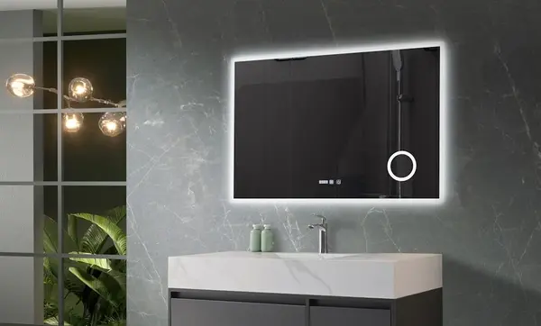 Oglinda baie cu iluminare LED 3 culori, intrerupator Touch, ceas, lupa, functie dezaburire, 120x80 cm Belform Atlantis