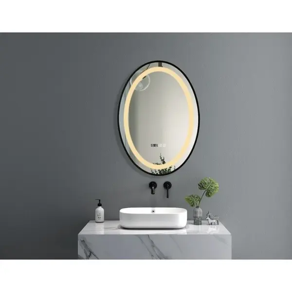 Oglinda baie cu iluminare LED, ceas si sistem anti-aburire 50x70 cm, ovala, Belform Infinity
