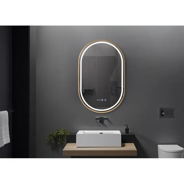 Oglinda baie cu iluminare LED si ceas 50x80 cm, rama aurie, Belform Fortuna