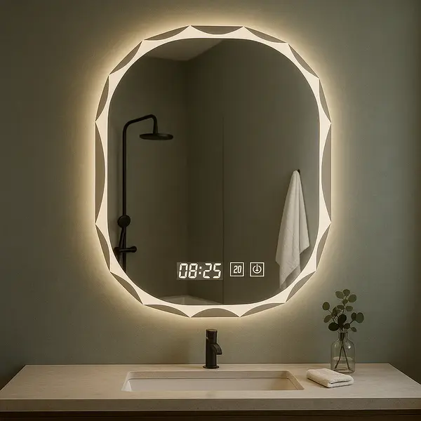 Oglinda Baie LED Ovală cu Senzor Touch, Dezaburire si Ceas – Design Modern 80 x 60 cm