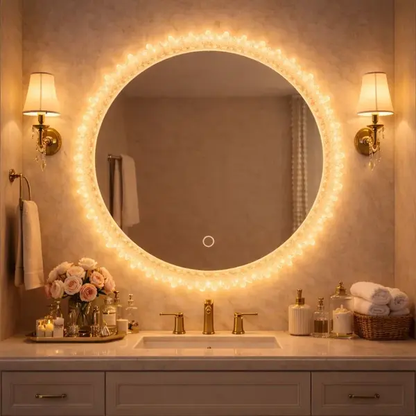 Oglinda baie LED rotunda 55 cm cu buton touch si iluminare perimetrala