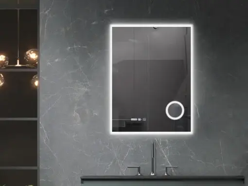 Oglinda LED baie, 60 80 cm, cu touch, dezaburire, ceas digital, lupa cosmetica, Belform Atlantis