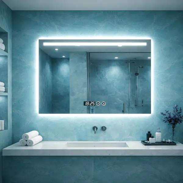 Oglinda LED, cu ceas digital si dezaburire, iluminare reglabila touch, 90x70 cm