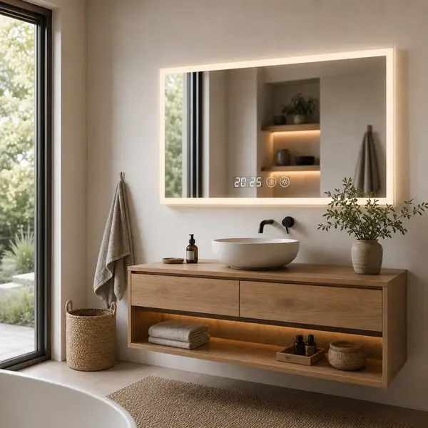 Oglinda LED cu Dezaburire Ceas Termometru 80x60cm Design Modern