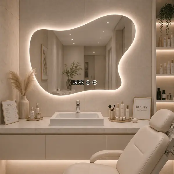 Oglinda led moderna 80x60, design fluid, cu touch si iluminare ambientala
