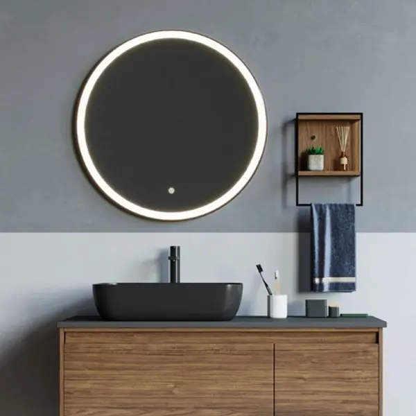 Oglinda rotunda 60 cm cu rama neagra, iluminare LED si dezaburire, Fluminia, Ando