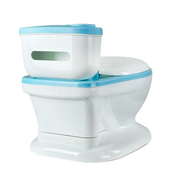 Olita muzicala pentru copii Little Mom Blue, model educativ, design realist tip minitoaleta, adaptor moale din spuma PU, capac rabatabil, vas colector detasabil