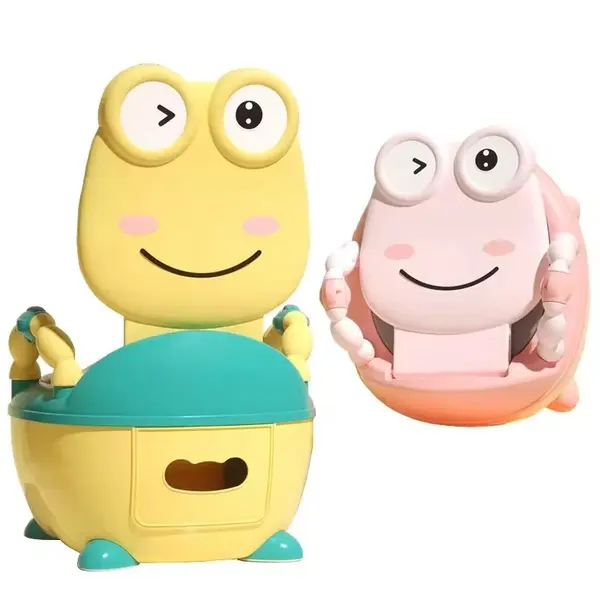 Olita pentru copii Little Mom Cute Yellow Frog, cu manere de sustinere, colac moale din spuma PU, capac rabatabil si vas colector detasabil, dimensiune 36 x 31 x 48.5 cm