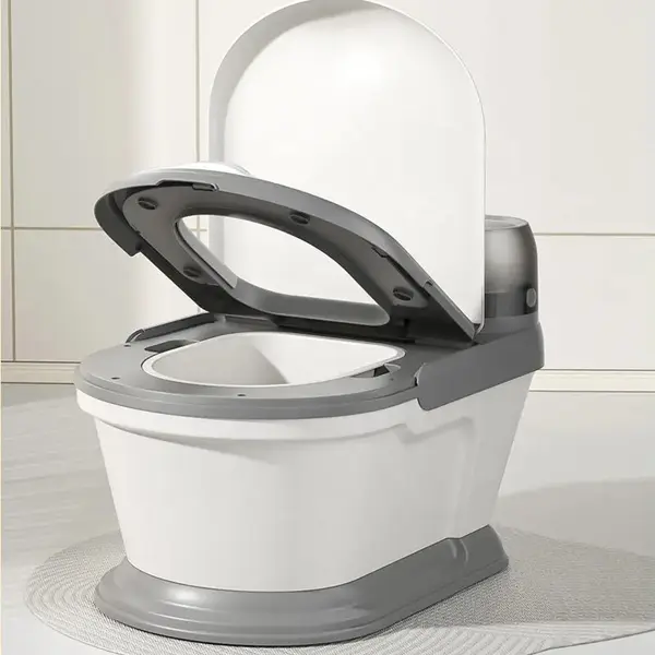Olita pentru copii tip minitoaleta Little Mom Grey, cu adaptor confortabil din PU, design ergonomic, vas colector detasabil, Capac rabatabil si suport pentru servetele, dimensiune 34 x 38 x 28 cm