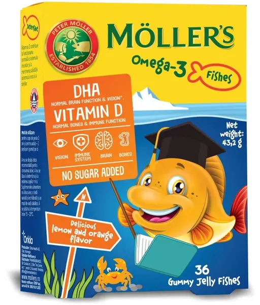 Omega-3 Gummies pentru copii, portocală, 36 bucăți, Mollers