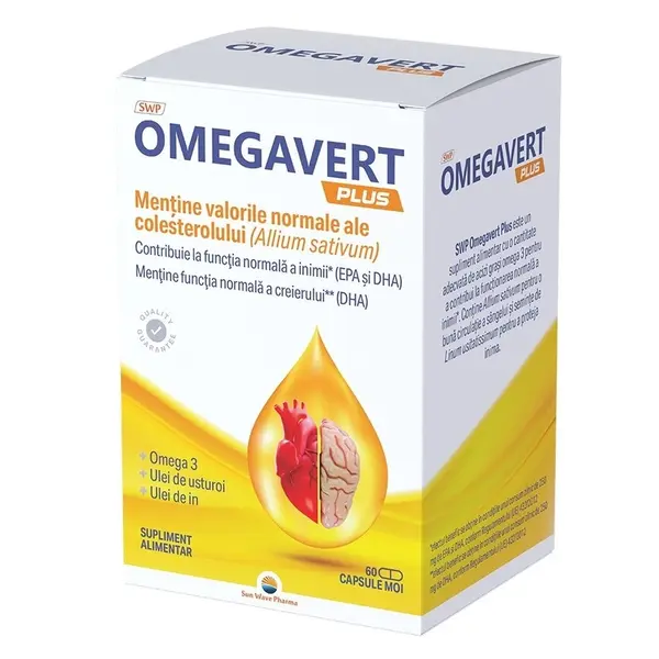 Omegavert Plus Omega 3 cu Usturoi si Ulei de In, 60 Capsule, Sun Wave Pharma