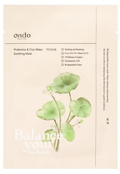 Ondo Beauty 36.5 Mască de tip folie calmantă Probiotics & Cica Water, 25 ml