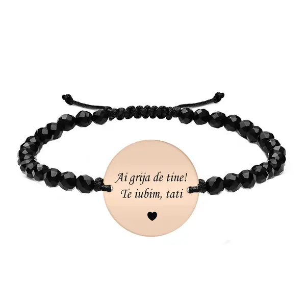 Onixiada - Bratara personalizata pentru tata cu onix fatetat, snur impletit si banut din argint 925 placat cu aur roz