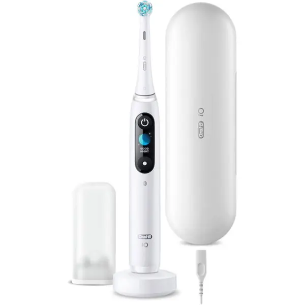Oral-b Periuta de dinti electrica Oral-B iO9, Tehnologie Magnetica, Micro-Vibratii, Inteligenta artificiala, Display led, Senzor de presiune Smart, Timer, 7 moduri, 1 capat, Suport rezerve, Incarcator magnetic, Trusa de calatorie cu incarcator, Alb