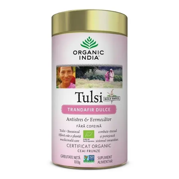 Organic India Ceai Tulsi Trandafir Dulce Antistres & Fermecator BIO, 100g