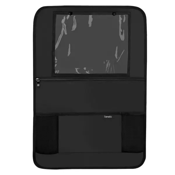 Organizator auto, Lionelo, Cu 5 buzunare de diferite dimensiuni, Cu buzunar pentru tableta, Montare cu clema, Piele ecologica, Impermeabila, Negru