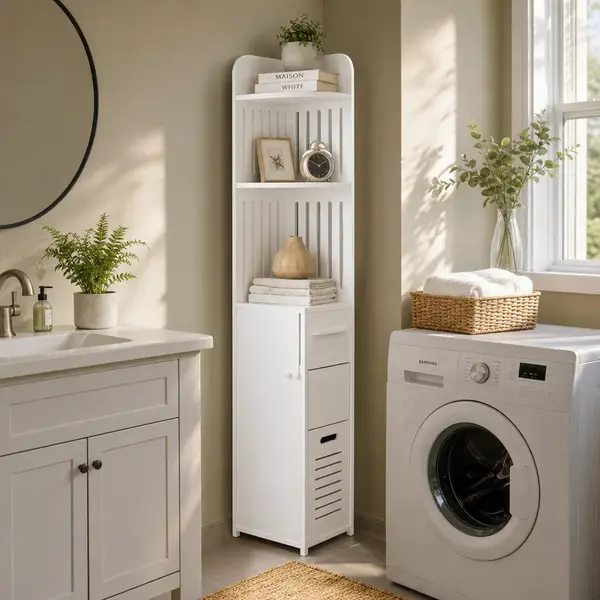 Organizator Baie Vertical 120cm Alb cu Rafturi si Sertar Mobilier Slim Multifunctional