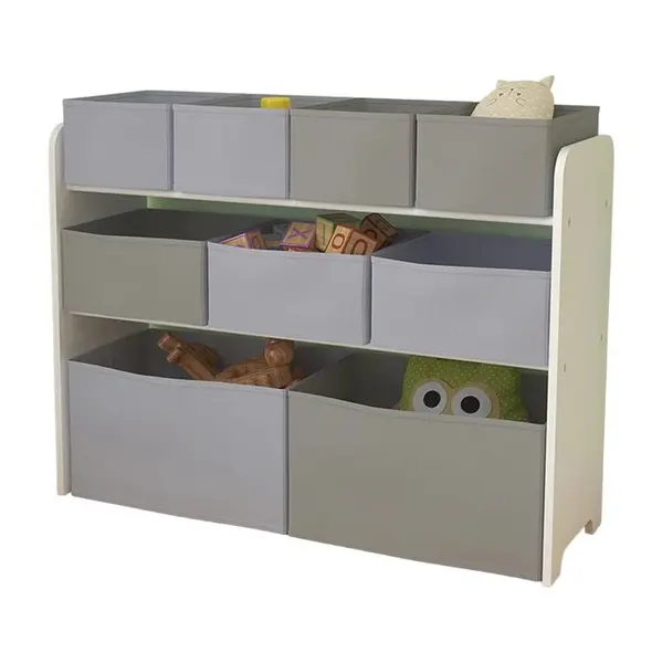 Organizator copii din lemn Ginger Home AlbGri pentru jucarii cu 2 cutii mari, 3 medii si 4 mici textile detasabile,colturi si margini rotunjite, dimensiuni 82,5x29,3x60 cm