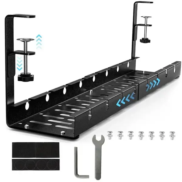 Organizator de cabluri sub birou NewEvo, tava pentru cablu de alimentare, metal robust, potrivit pentru majoritatea birourilor, cu clema, fara