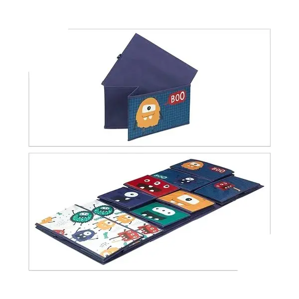 Organizator din lemn pentru copii Ginger Home Monster pentru jucarii cu 9 cutii textile detasabile,colturi si margini rotunjite,dimensiune 92x30x60 cm